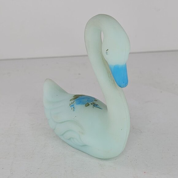 Fenton Satin Blue Glass Swan Blue Roses Satin Hand Painted Signed - Picture 3 of 8